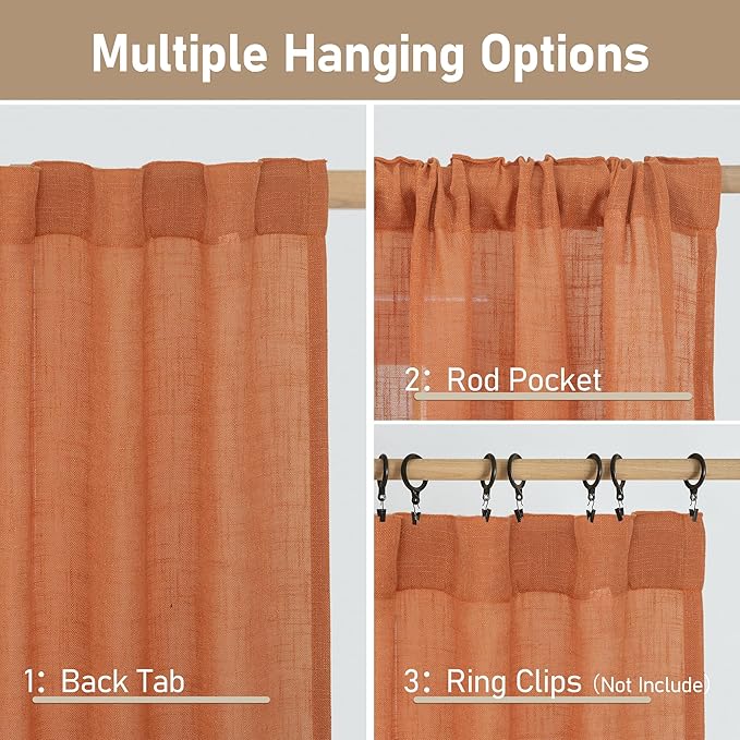 LAMIT Burnt Orange Linen Curtains 54 Inch Length 2 Panels, Light Filtering Panels Back Tab and Rod Pocket Country Decor Drapes for Bathroom/Window/Bedroom, 52 x 54 Inch