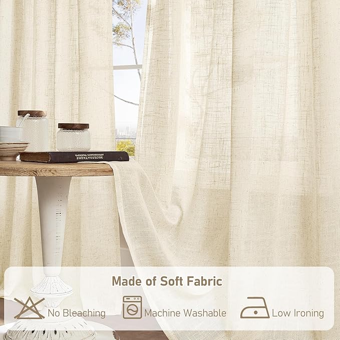 LAMIT Beige Linen Curtains for Living Room 2 Panels Set, 68 Inch Faux Linen Textured Light Filtering Drapes Back Tab and Rod Pocket Boho Panels for Farmhouse/Bedroom/Porch, 52 x 68 Inch