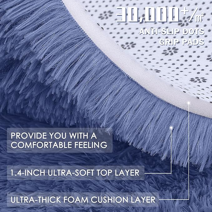 OLANLY 3x5 Machine Washable Small Bedside Rug, Soft Fluffy Shaggy Rugs for Living Room, Bedroom, Indoor Floor Carpet for Kids Girls and Boys, Preppy Dorms, Nursery, Home Decor Aesthetic, Denim Blue