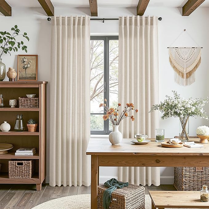 Boho Linen Curtains 80 Inch Length for Living Room Light Filtering Semi Sheer Curtain Back Tab Boho Eclectic Home Decor Elegant Luxury Farmhouse Drapes for Bedroom Dinner Room 52x80, 2 Panels