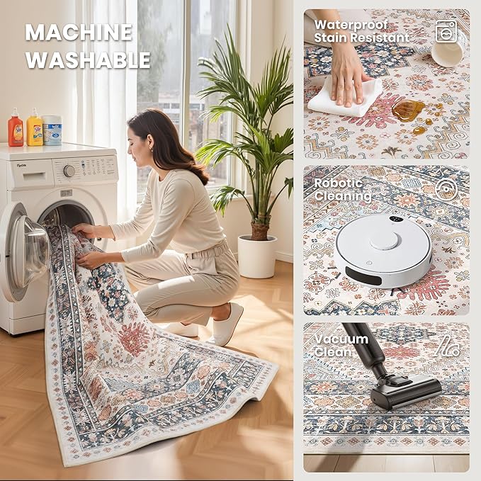 zesthome 5x8 Area Rugs for Living Room,Non-Slip Backing Washable Rugs,Vintage Large Area Rug，Stain Resistant Home Decor Rug (Multi,5'x8')