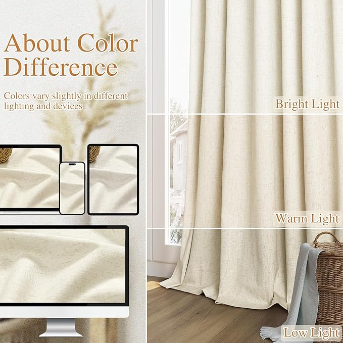Guken Warm Beige 100% Blackout Linen Curtains 102 Inch Length 2 Panels Set for Living Room Bedroom Back Tab Thermal Insulated Black Out Drapes Room Darkening Farmhouse Style for Bedroom 52x102