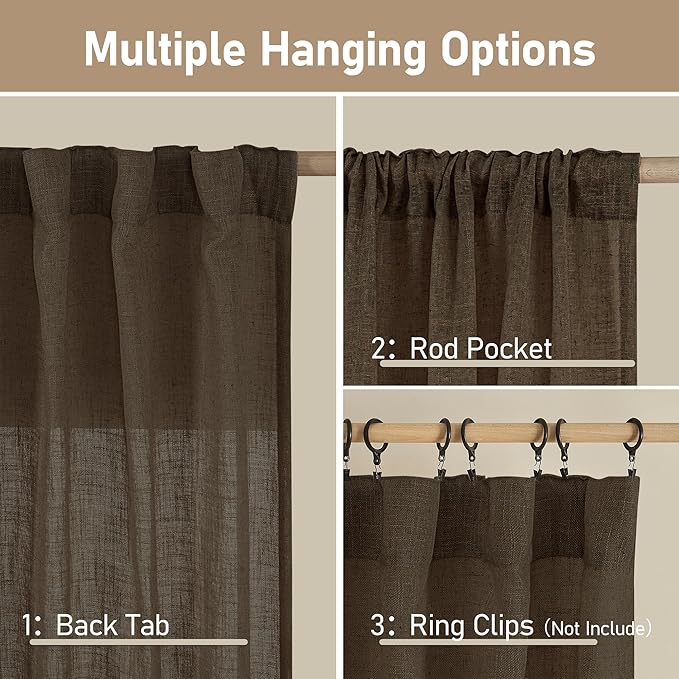 LAMIT Dark Brown Sheer Linen Curtains, 80 inch Light Filtering Semi Sheer Panels Back Tab and Rod Pocket Farmhouse Rust Drapes for Bedroom/Living Room, 2 Panels, 52 x 80 Inch