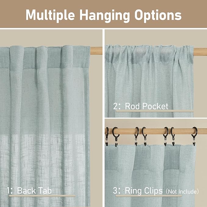 LAMIT Short Linen Curtains 40 Inch Length, Semi Sheer Light Filtering Panels Back Tab and Rod Pocket Neutral Drapes for Basement/Window/Loft Room, Greyish Blue, 34 x 40 Inch, 2 Panels