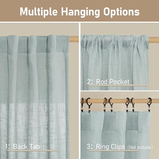 LAMIT Short Window Linen Curtains 36 Inch Length 2 Panels, Greyish Blue Light Filtering Panels Back Tab and Rod Pocket Neutral Drapes for Bathroom/Loft Room, 34 x 36 Inch