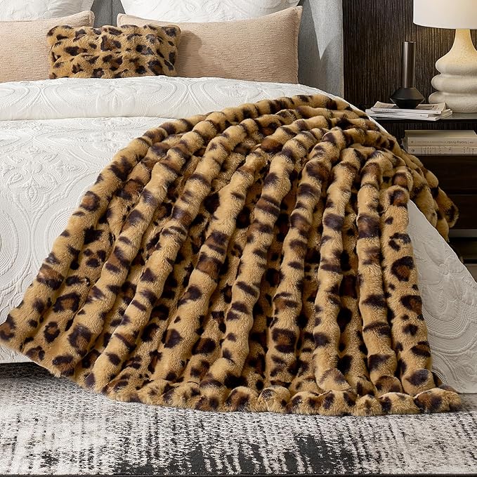 Cozy Bliss Cheetah Leopard Print Faux Fur Throw for Couch, Fuzzy Soft Plush Thick Bubble Blanket for Sofa Bedroom Living Room, 50x60 Inches Brown