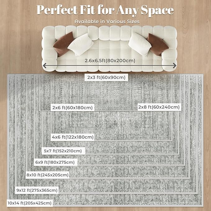 Washable Area Rug 5x7: Moroccan Rug for Living Room Geometric Boho Rug Farmhouse Non Slip Stain Resistant Rugs Low Pile Soft Carpet for Bedroom Dining Room Home Office Children Room (Grey,5'x7')