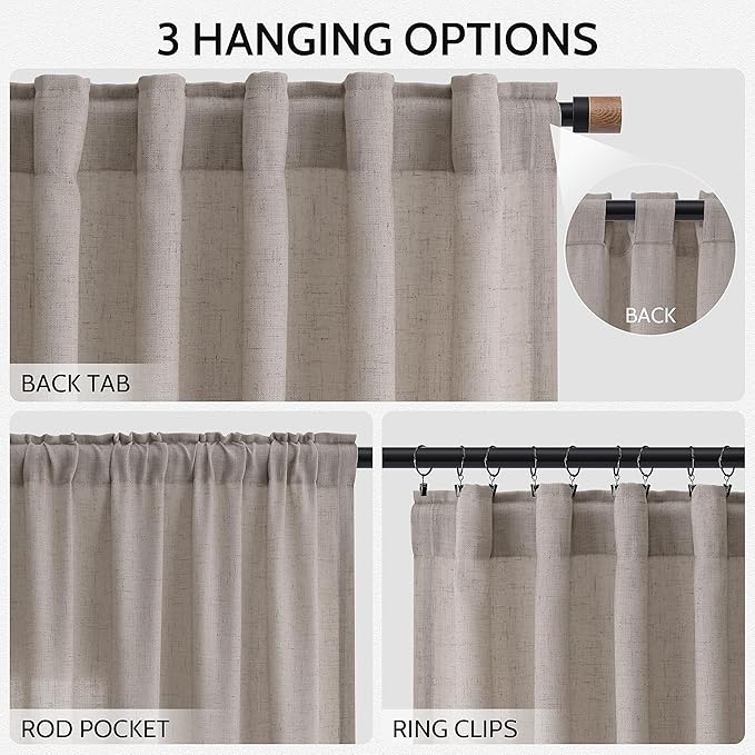 Nanspring Stone Beige Curtains 90 Inches Long for Living Room Linen Light Filtering Semi Sheer Curtain Back Tab Rod Pocket Simple Modern Elegant Farmhouse Decor Drapes for Bedroom 52x90, 2 Panels