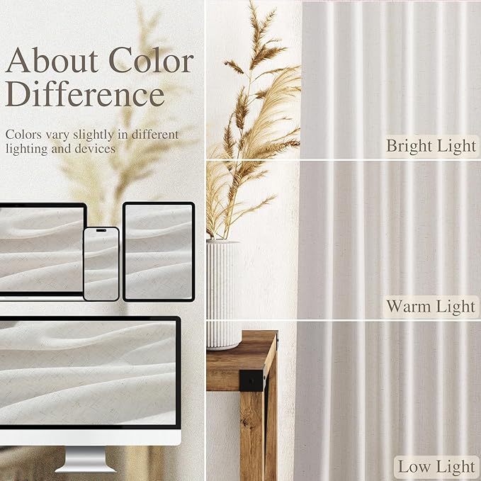Nanspring Natural Linen Curtains 96 Inches Long for Living Room Bedroom Rustic Light Filtering Curtains Back Tab and Rod Pocket Farmhouse Decor Curtain for Dinner Room Office 52x96, 2 Panels