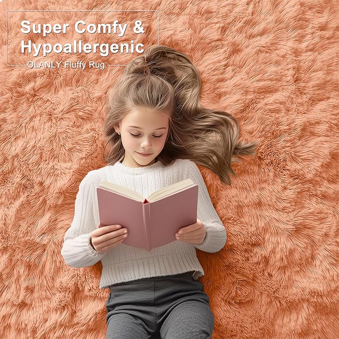 OLANLY 2x5 Machine Washable Runner Rugs for Hallway, Soft Fluffy Shaggy Bedside Rugs for Bedroom, Living Room, Indoor Floor Carpet for Kids Girls and Boys, Home Decor Aesthetic, Muted Orange