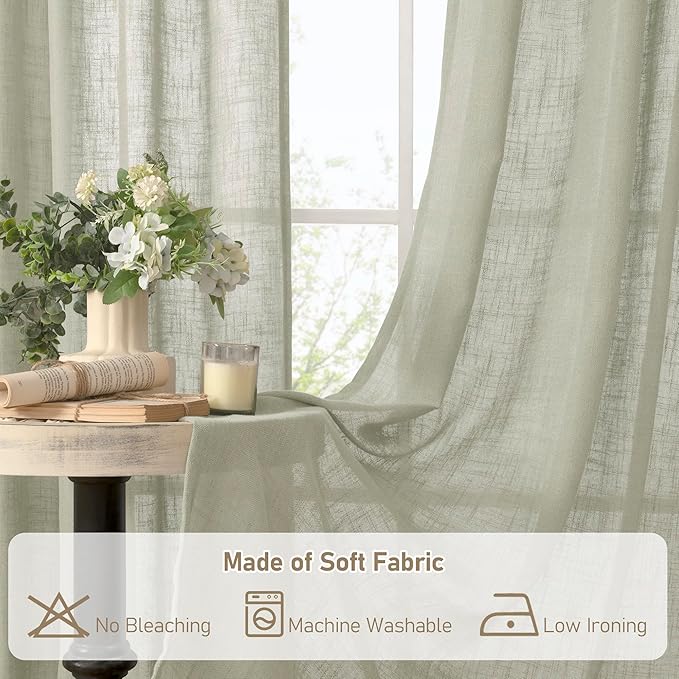 LAMIT Sage Grey Linen Boho Curtains 78 inch Length 2 Panels, Light Filtering Semi Sheer Panels Back Tab and Rod Pocket Neutral Drapes for Bedroom/Living Room, 52 x 78 Inch
