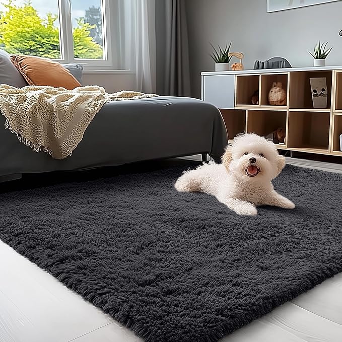 OLANLY 4x9 Area Rugs for Living Room Bedroom, Machine Washable Soft Fluffy Shaggy Bedside Rug, Indoor Floor Carpet for Kids Girls and Boys, Dorms, Nursery Rooms, Home Decor Aesthetic, Black