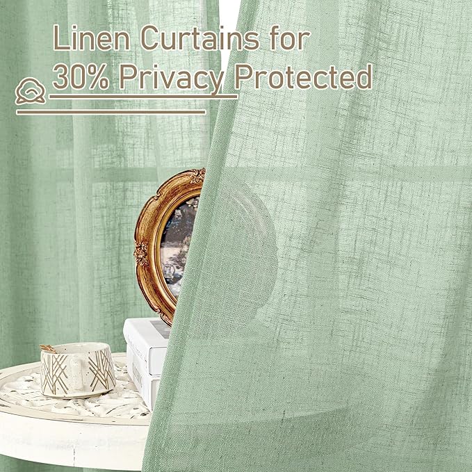 LAMIT Fresh Green Linen Curtains 54 Inch Length, Light Filtering Panels Back Tab and Rod Pocket Neutral Drapes for Living Room/Window/Bedroom, 52 x 54 Inch, 2 Panels