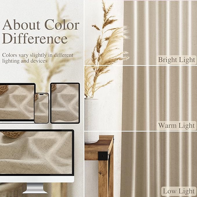 Nanspring Taupe Burlywood Curtains 96 Inches Long for Living Room Flax Linen Light Filtering Country Farmhouse Decor Curtains Back Tab Privacy Semi Sheer Curtain for Bedroom 52x96, 2 Panels