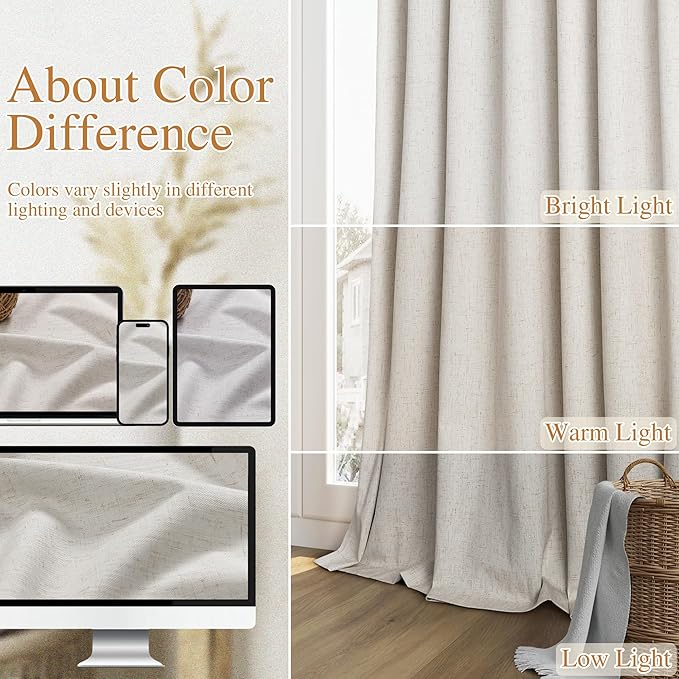 Guken 108 Inch Long Light Beige 100% Blackout Curtains for Living Room Bedroom Back Tab Thermal Insulated Netural Farmhouse Black Out Linen Drapes Room Darkening Window Curtain 2 Panels Set, 9 FT