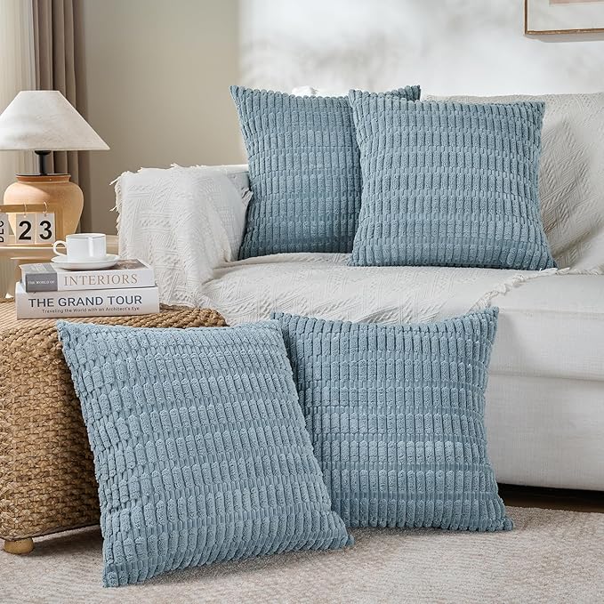 Fancy Homi 4 Packs Boho Light Blue Decorative Throw Pillow Covers 16x16 Inch for Couch Bed Sofa, Rustic Modern Farmhouse Home Decor, Soft Plush Corduroy Cute Square Cushion Case 40x40 cm