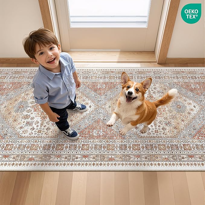 2x4 Washable Rug Runner for Bathroom, Soft Entryway Rug for Laundry Room, Kitchen, Vintage Hallway Runner for Bedroom, Anti-Slip Door Mat Indoor Entrance(Orange,2'x4')