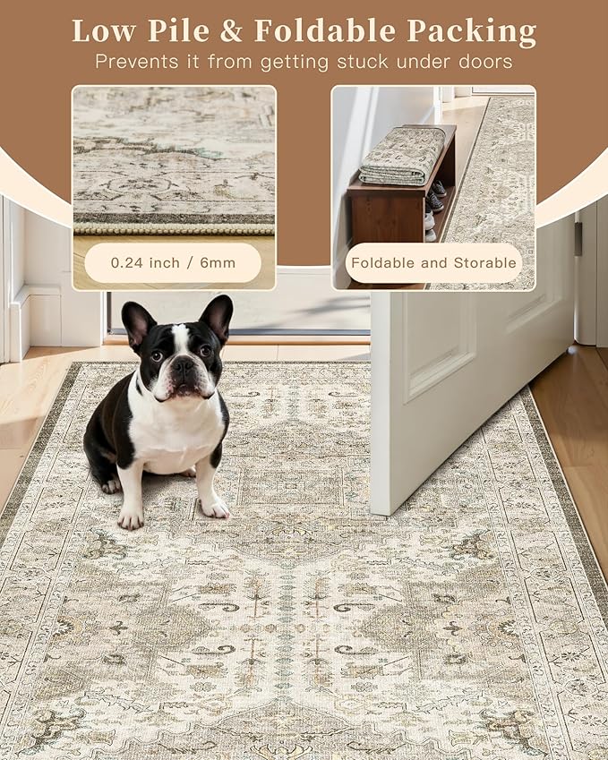 Madane Washable Area Rug 2x3, Small Entryway Rug Non-Slip Vintage Door Mat Indoor Entrance, Low Pile Floor Carpet for Inside Front Door Bedroom Kitchen Entry Laundry (2'x3', Ivory/Brown)