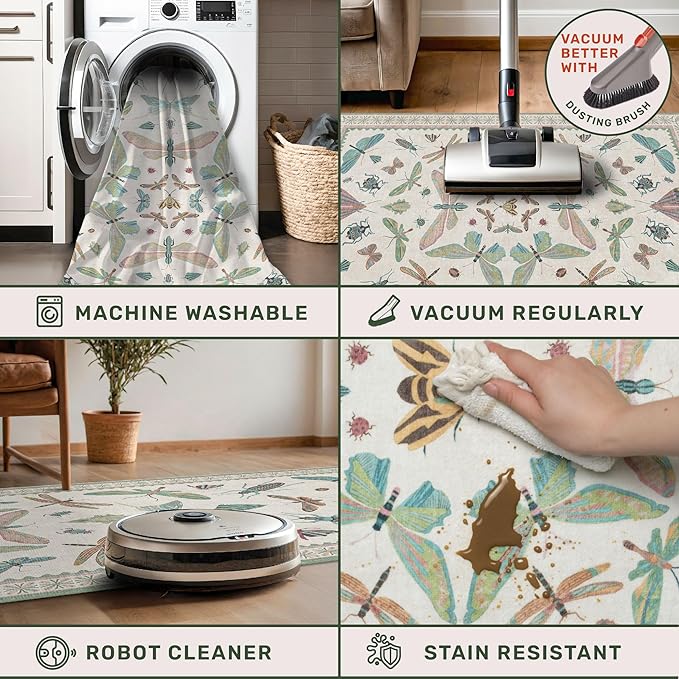 Green and Blue Rugs for Bedroom - Washable 6x8 Area Rug for Living Room, Dining Room, Non Slip Fun Insect Cute Kid Room Carpet, Stain Resistant Low Pile & Soft
