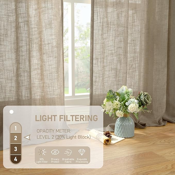 LAMIT Semi Sheer Linen Curtains 45 Inches Long, Light Filtering Panels Back Tab and Rod Pocket Country Decor Drapes for Farmhouse/Window/Bedroom, Taupe, 2 Panels, 52 x 45 Inch