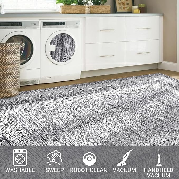 Washable 2.5x10 Kitchen Runner Rug, Easy Clean Geometri Rugs for Hallway Entryway, Indoor Outdoor Non Slip Rug Farmhouse Morden Carpet Door Mat Area Rug for Laundry Room Grey