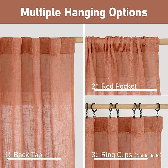 LAMIT 95 Inches Long Terracotta Linen Curtains for Living Room, Back Tab and Rod Pocket Linen Textured Curtains Light Filtering Boho Drapes for Bedroom/Dining Room, Set of 2, 52 x 95 Inch