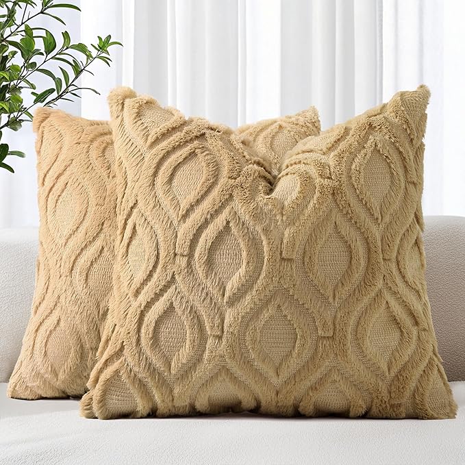 decorUhome Throw Pillow Covers 26x26 Inch Set of 2, Soft Plush Faux Wool Khaki Solid Couch Pillow Covers, Accent Euro Sham Farmhouse Neutral Square Pillow Cases for Sofa Bed Living Room