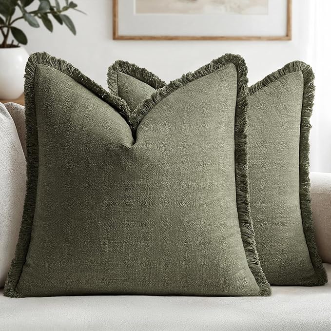 MIULEE Decorative Throw Pillow Covers Neutral Linen Fringe Throw Pillows Set of 2 Olive Green Boho Farmhouse Cushion Covers with Tassels for Couch Sofa Bed Living Room Spring Home Decor 18x18 Inch