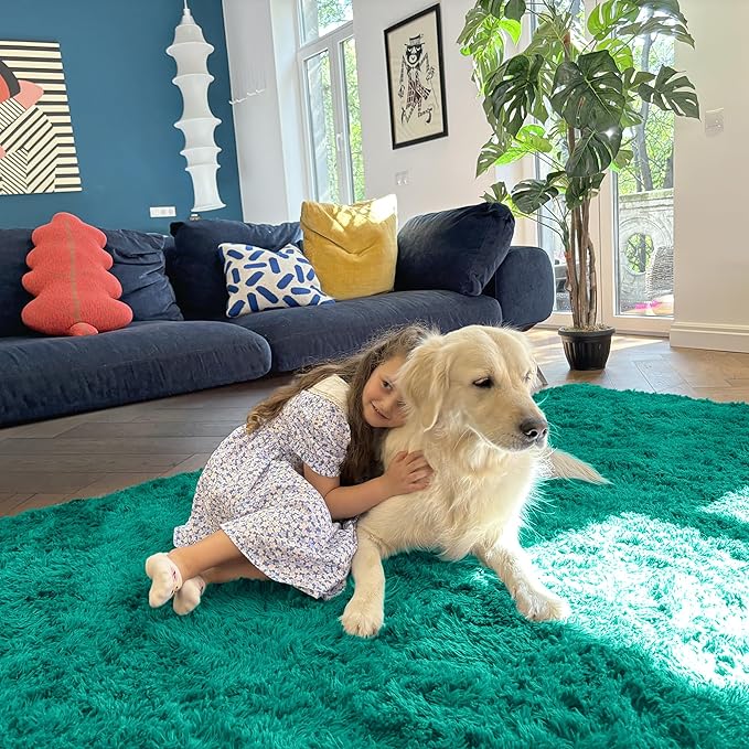 OLANLY 2x4 Machine Washable Runner Rugs for Hallway, Soft Fluffy Shaggy Bedside Rugs for Bedroom, Living Room, Indoor Floor Carpet for Kids Girls and Boys, Home Decor Aesthetic, Teal Green