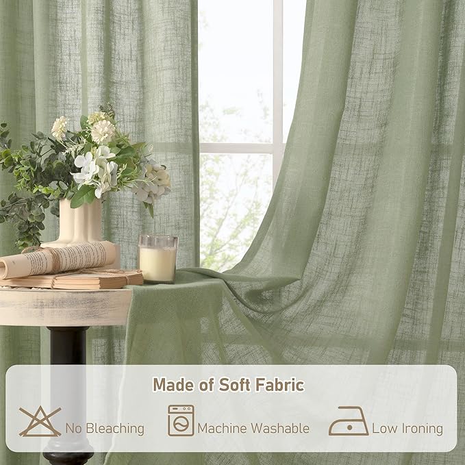 LAMIT Sage Green Linen Curtains 54 Inch Length 2 Panels, Light Filtering Panels Back Tab and Rod Pocket Neutral Drapes for Kitchen/Window/Bedroom, 52 x 54 Inch