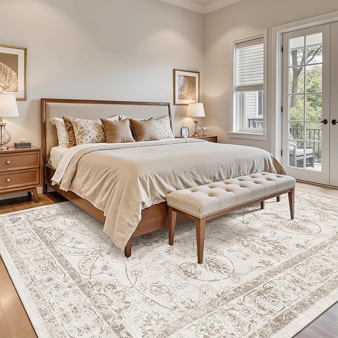 Madane 8x10 Area Rugs for Living Room, Machine Washable Vintage Rug with Non-Slip Backing, Soft Floral Print Large Throw Rugs, Thin Carpet for Bedroom Dining Room Farmhouse (8 x 10, Brown/Ivory)