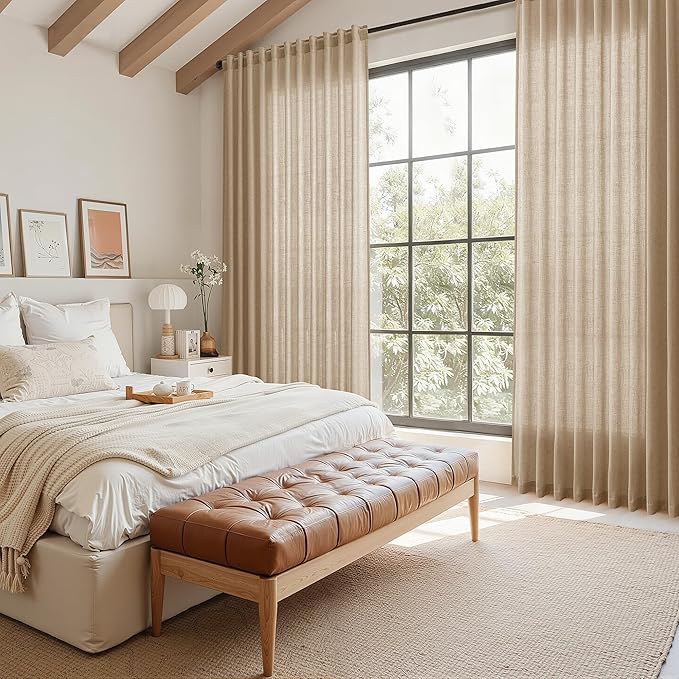 Sand Beige Linen Curtains for Living Room 94 Inches Long Simple Modern Light Filtering Semi Sheer Curtain Back Tab Rustic Farmhouse Luxury Home Decor Drapes for Bedroom Dinner Room 52x94, 2 Panels