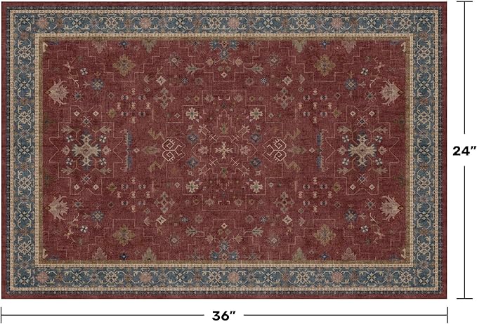 Burgundy 2x3 Washable Rugs for Entryway Indoor, Boho Kitchen Rug for Floor, Bathroom, Doormat Indoor Entrance, Waterproof Non Slip Low Pile Stain & Fade Resistant, Modern Eclectic Floral Decor