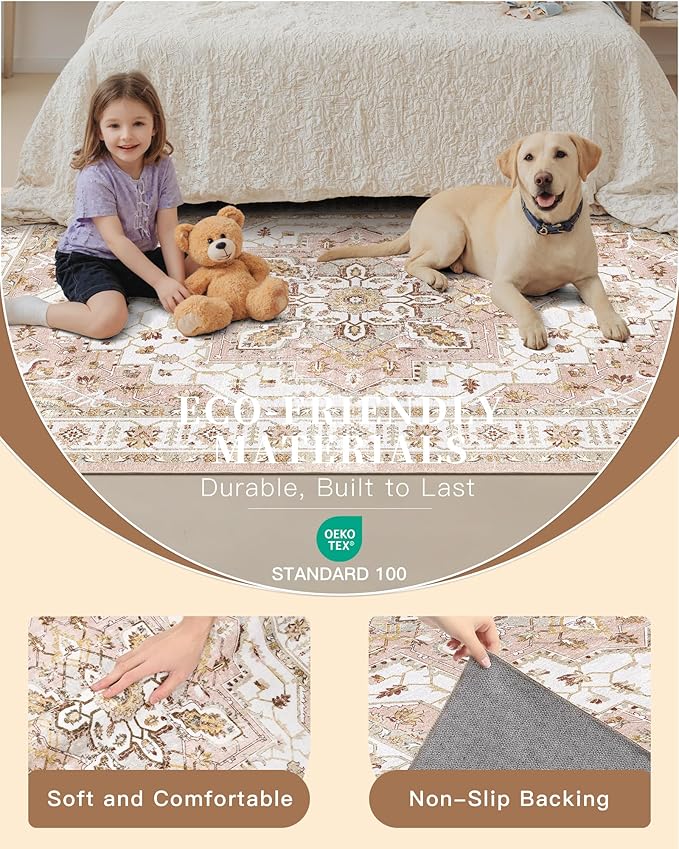 Madane Runner Rug 2x8, Washable Hallway Runner Rugs, Non-Slip Low-Pile Soft Kitchen Rug Runner Laundry Room Rug, Vintage Throw Entry Foyer Mat for Entrance Living Room (Pink, 2 x 8)