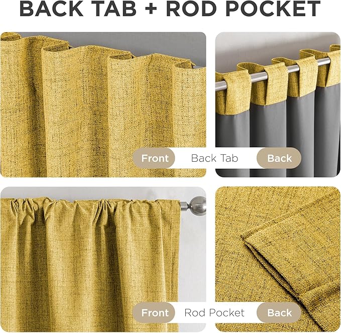 Joydeco Blackout Curtains for Bedroom - 90 Inch Long 100% Light Blocking 2 Panels Set Yellow Drapes, Thermal Insulated Room Darkening Curtains, Linen Textured for Living Room, Rod Pocket & Back Tabs