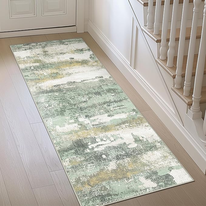 BEIMO Runner Rug for Hallway Kitchen, 2x6 Machine Washable Runners Rug for Entryway, Light Green Soft Modern Abstract Throw Rugs, Low Pile Floor Carpet with Non Slip Backing