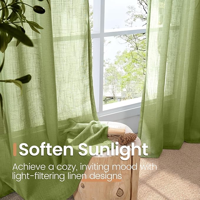 BGment Short Linen Semi Sheer Curtains 40 Inch Length for Kitchen Cafe Window - Small Green Drapes Light Filtering with Rod Pocket for Front Door Bathroom, 2 Panels Set, 30 X 40 Inch