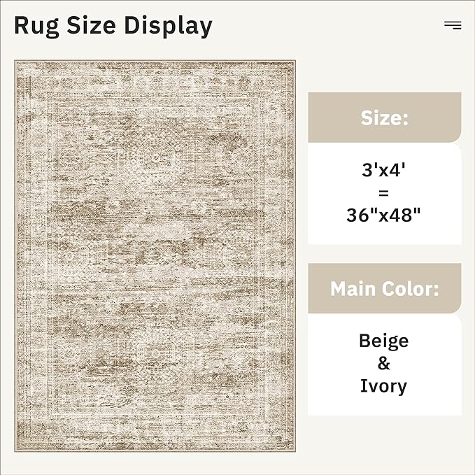 3x4 Rug, Small Area Rug for Kitchen, Entryway, Machine Washable Non-Slip Throw Rug, Vintage Carpet for Nursery Coffee Table Brown