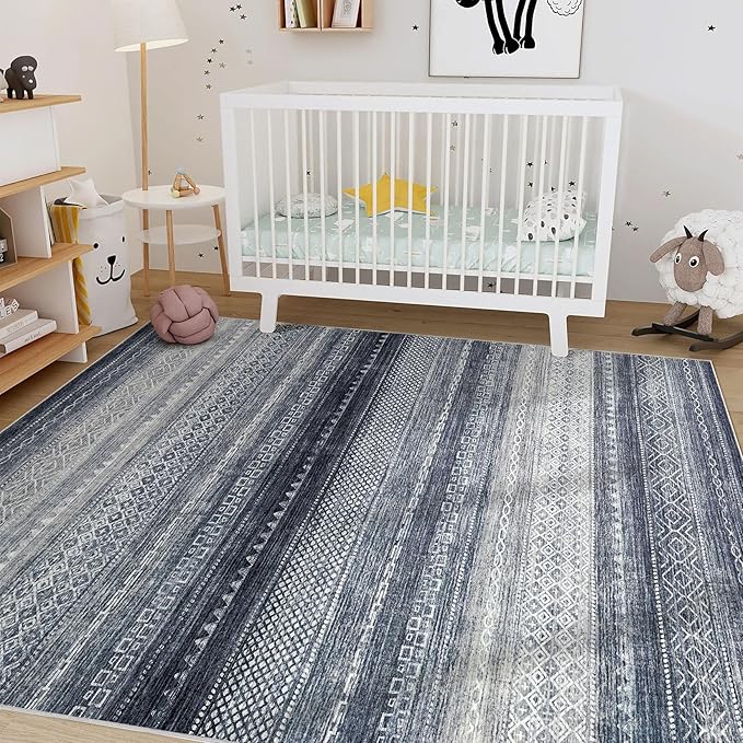 Nakagishi 10x12 Area Rug Living Room: Washable Boho Large Neutral Modern Soft Stain Resistant Farmhouse Indoor Floor Rug Non-Slip Accent Carpet for Bedroom Nursery Kids Playroom Office- Blue