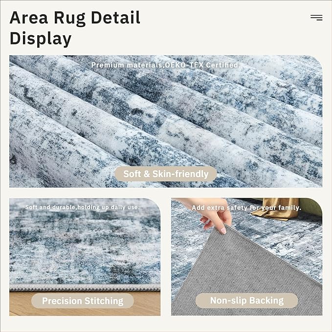 Runner Rug 2x8 Washable Non-Slip Hallway Runner Rugs for Kitchen Bathroom Laundry Room Blue/Grey Vintage Floor Carpet Runners for Hallways Entryway
