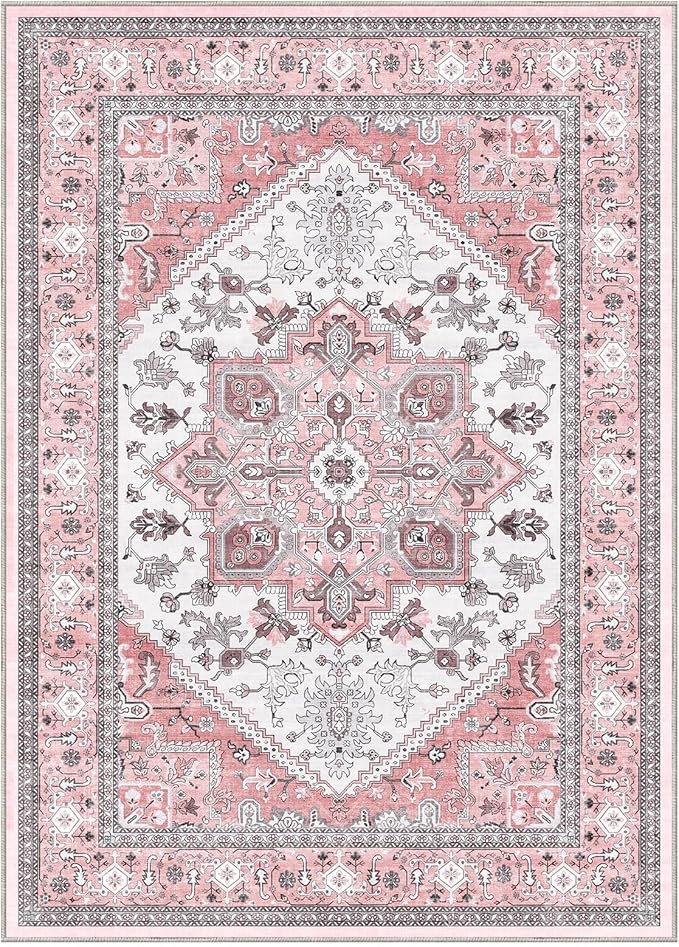 OPPODREAM Soft Area Rugs 9x12 Living Room, Washable Rugs 9x12 with Non Slip Backing, Faux Cashmere Low-Pile 9 x 12 Carpet, Pink & Cream