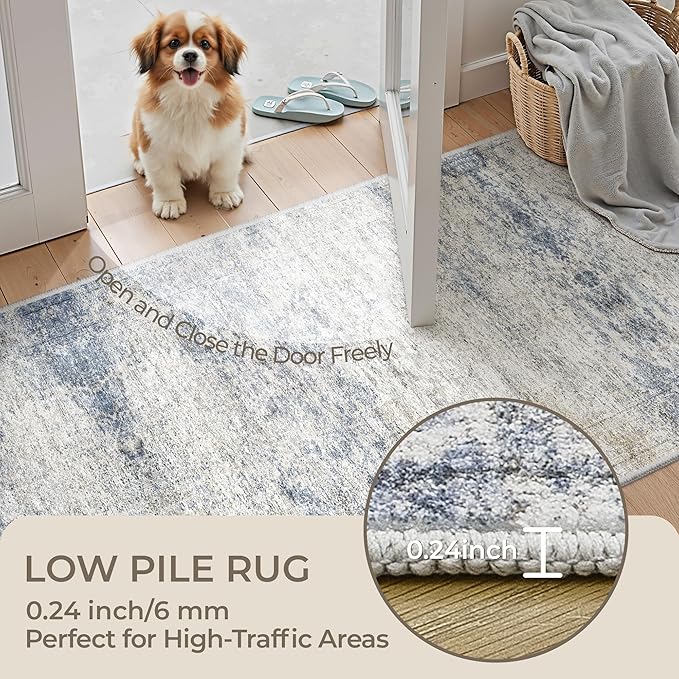 2x5 Rug Runner Washable for Entryway, Soft Bathroom Rugs with Non-Slip Backing, Abstract Low Pile Hallway Runner, Vintage Small Kitchen Carpet for Laundry Room(2'x5', Blue/Brown/Ivory)