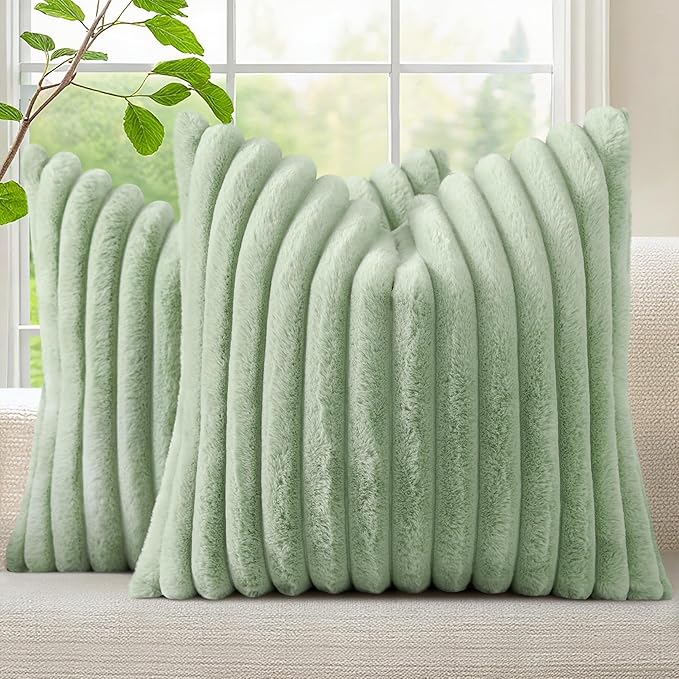 decorUhome Summer Cozy Faux Fur Throw Pillow Covers 26x26 Set of 2 Decorative Plush Striped Modern Farmhouse Boho Couch Euro Sham Pillow Cases with Velvet Back for Sofa Bed Living Room, Sage Green
