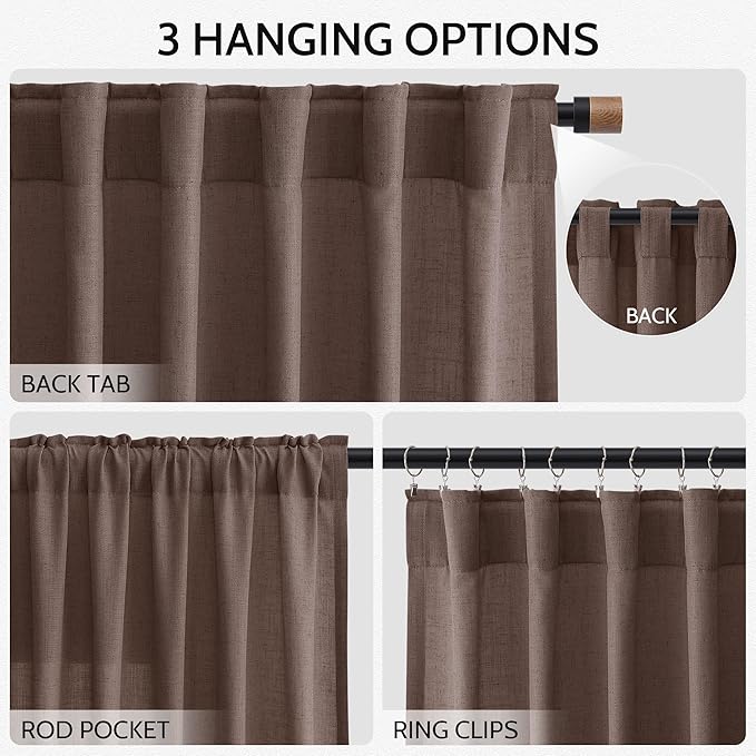 Nanspring Cappuccino Linen Blend Light Filtering Back Tab Curtains 102 Inches Long, Semi Sheer Privacy Drapes for Living Room & Bedroom, 52x102 inch, 2 Panels