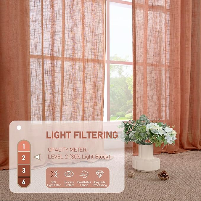 LAMIT Extra Wide Linen Curtains for Bedroom, Terracotta Light Filtering Faux Linen Textured Panels Semi Sheer Back Tab and Rod Pocket Boho Drapes for Living Room, 2 Panels, 60 x 84 Inch