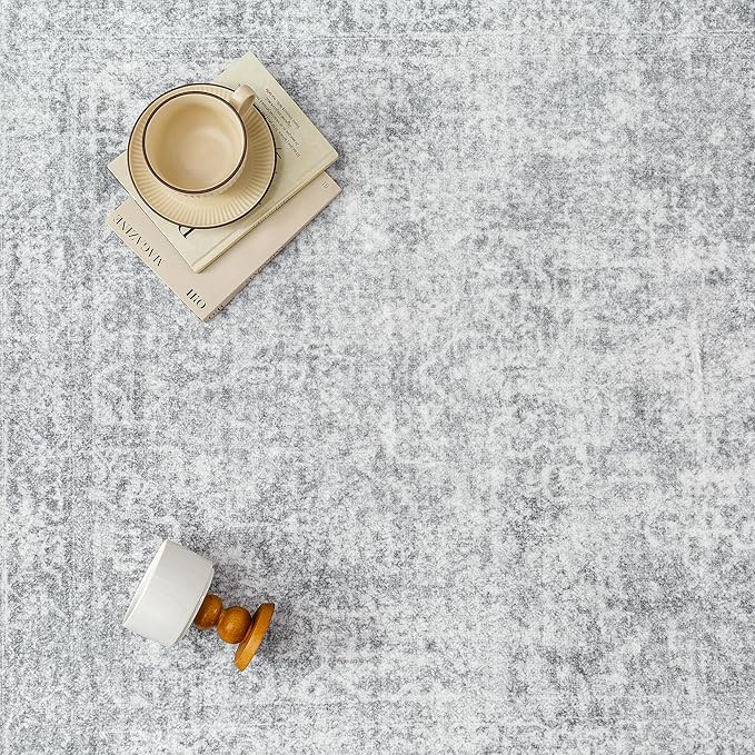 PureCozy 9x12 Area Rug Washable Vintage Living Room Carpet Large Indoor Non Slip Grey Bedroom Distressed Low Pile Retro Accent Throw Rug for Dining Room