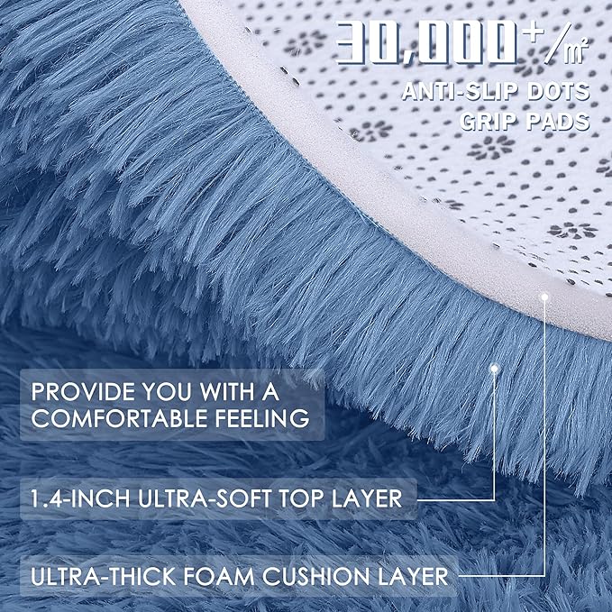 OLANLY Blue Round Rugs for Bedroom - Machine Washable, 5 ft Circle Area Rugs for Living Room, Soft and Fluffy Shaggy Carpet for Teen Girl and Boys, Nursery Rooms, Dorms, Home Decor Aesthetic