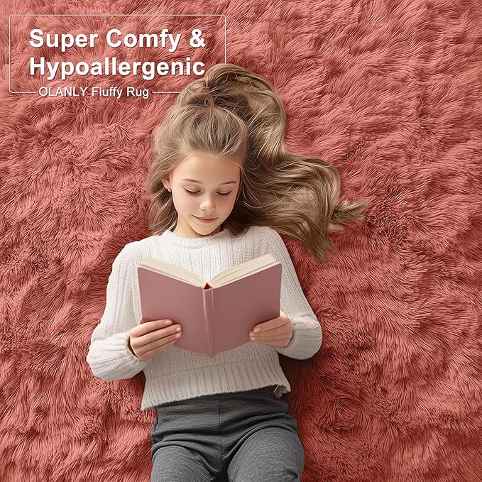 OLANLY Area Rugs for Living Room Bedroom, Machine Washable 4x5.9 ft Soft Fluffy Shaggy Bedside Rug, Indoor Floor Carpet for Kids Girls and Boys, Dorms, Nursery Rooms, Home Decor Aesthetic, Rust Red