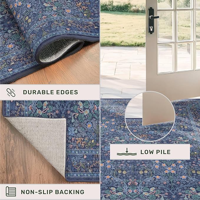Dark Blue Washable 2x4 Entry Rug - Front Door Rugs Indoor, Vintage Floral Style Small Rug for Kitchen, Bathroom, Non-Slip Boho Navy Entryway Décor
