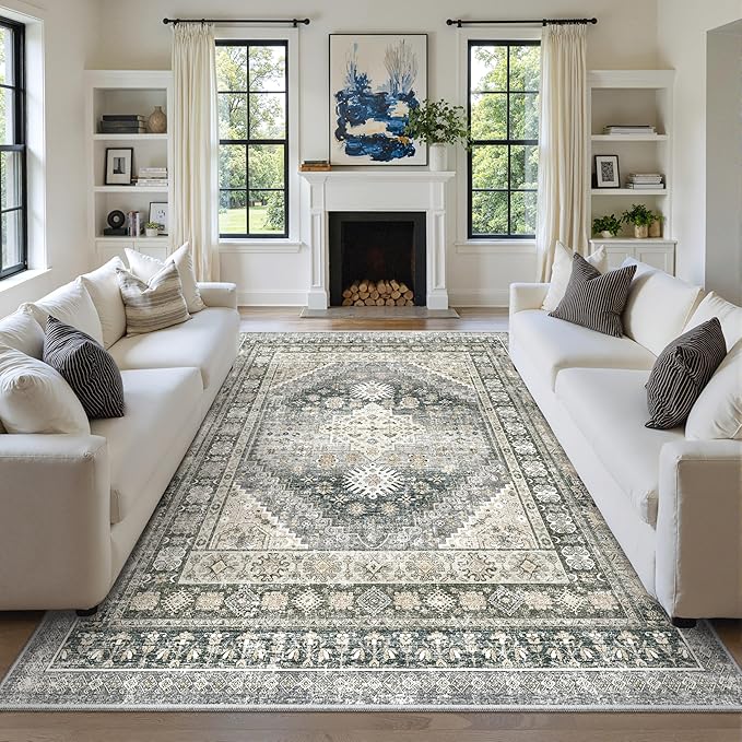 zesthome 8x10 Area Rugs for Living Room,Non-Slip Backing Washable Rugs,Vintage Large Area Rug，Stain Resistant Home Decor Rug (Wheat/Charcoal,8'x10')